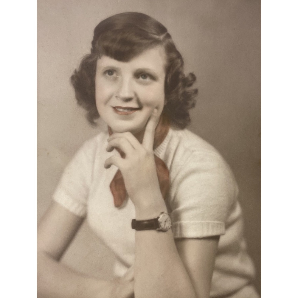 Vintage 8"x10" Portrait Photo Brunette Woman Smiling Hand colored Red Scarf
